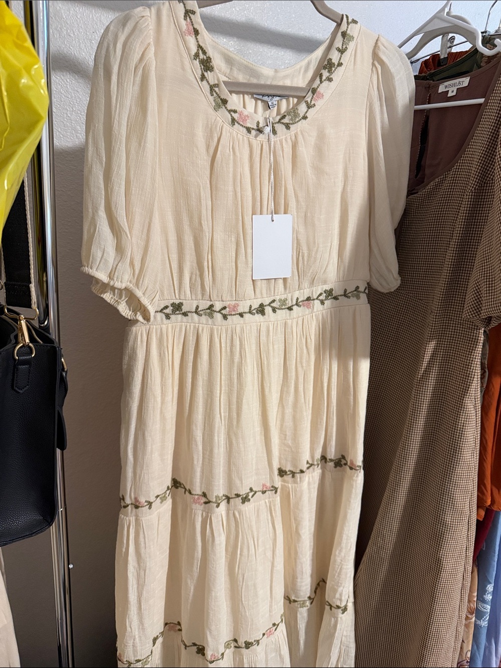 Cream Maxi Dress with Green & Pink Floral Embroidery